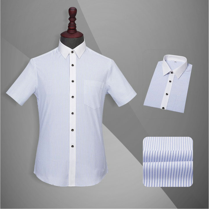 北京衬衣加工厂,衬衣款式图片,YW010男短袖蓝条纹